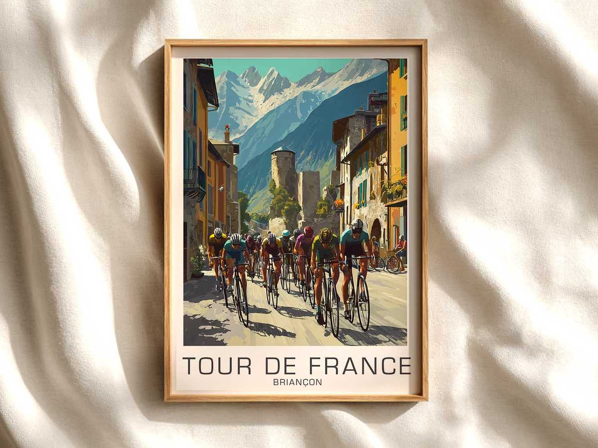 Minimalist poster showing a racing bike silhouette aligned with mountain contours of Briançon