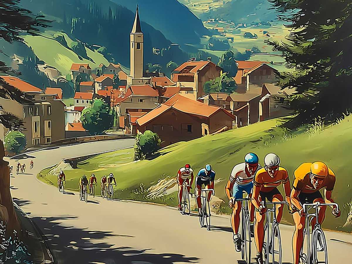 Compact peloton rounding a sweeping hairpin on Alpe d'Huez, wheels and bodies tightly grouped