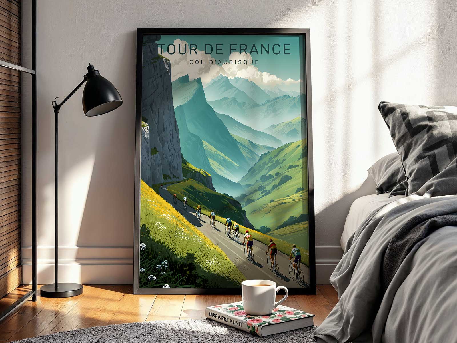 Retro poster emphasizing alpine light and long shadows on the slopes of the Col d’Aubisque to suggest time and effort