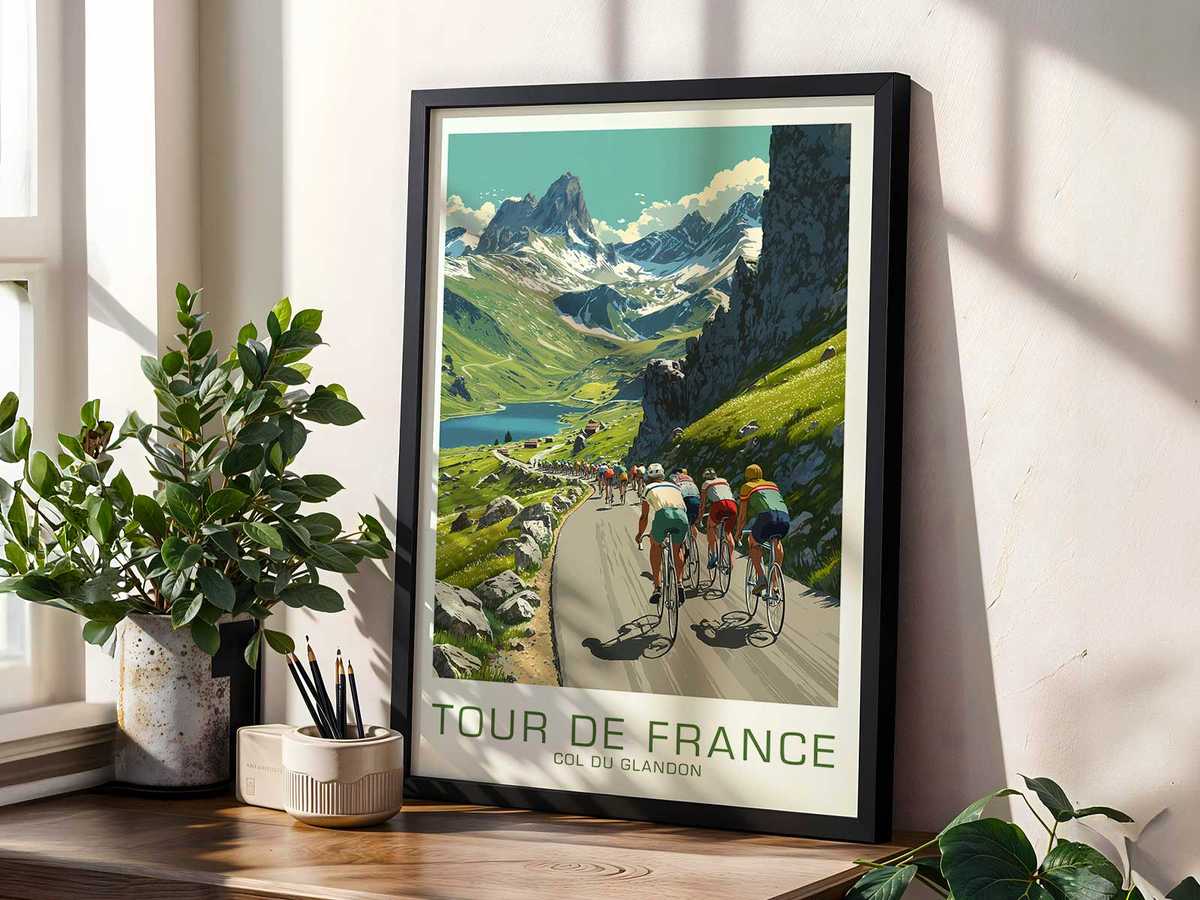 Poster emphasizing alpine light and long shadows on the Col du Glandon slopes at golden hour