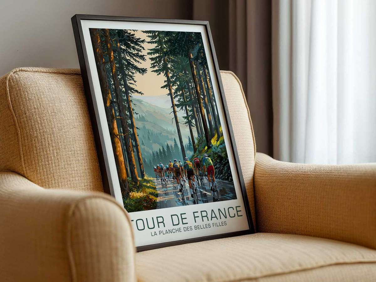 Golden hour alpine light bathing the slopes and road, creating dramatic contrasts and an epic atmosphere on the poster