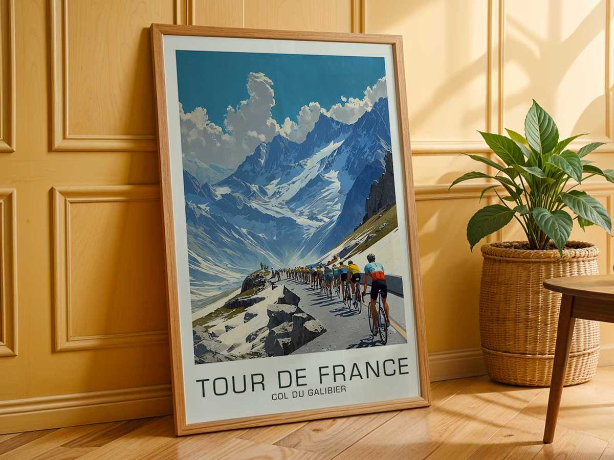 High vantage point showing an alpine plateau and road switchbacks descending into the valley in poster illustration