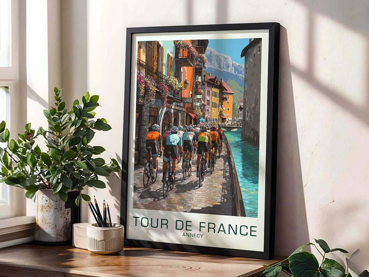 Graphic poster mapping an Annecy route with a stylized bicycle integrated into the course line