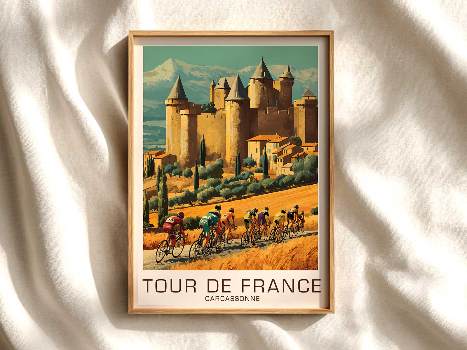 Annotated detail of the poster pointing out heritage elements like medieval landmarks, route markers and archival motifs