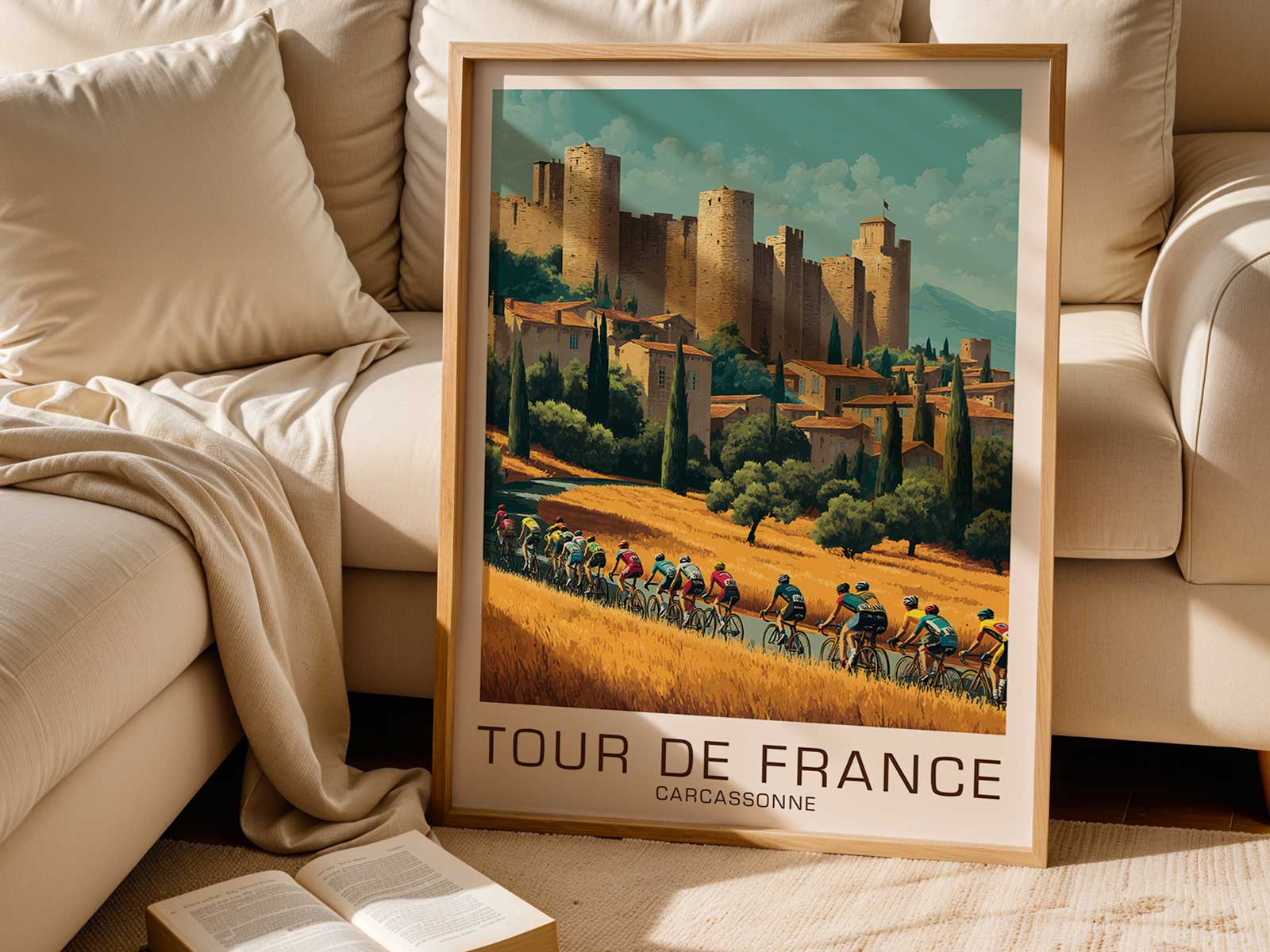 Close-up of archival paper texture and faded ink on a Carcassonne-inspired Tour de France poster