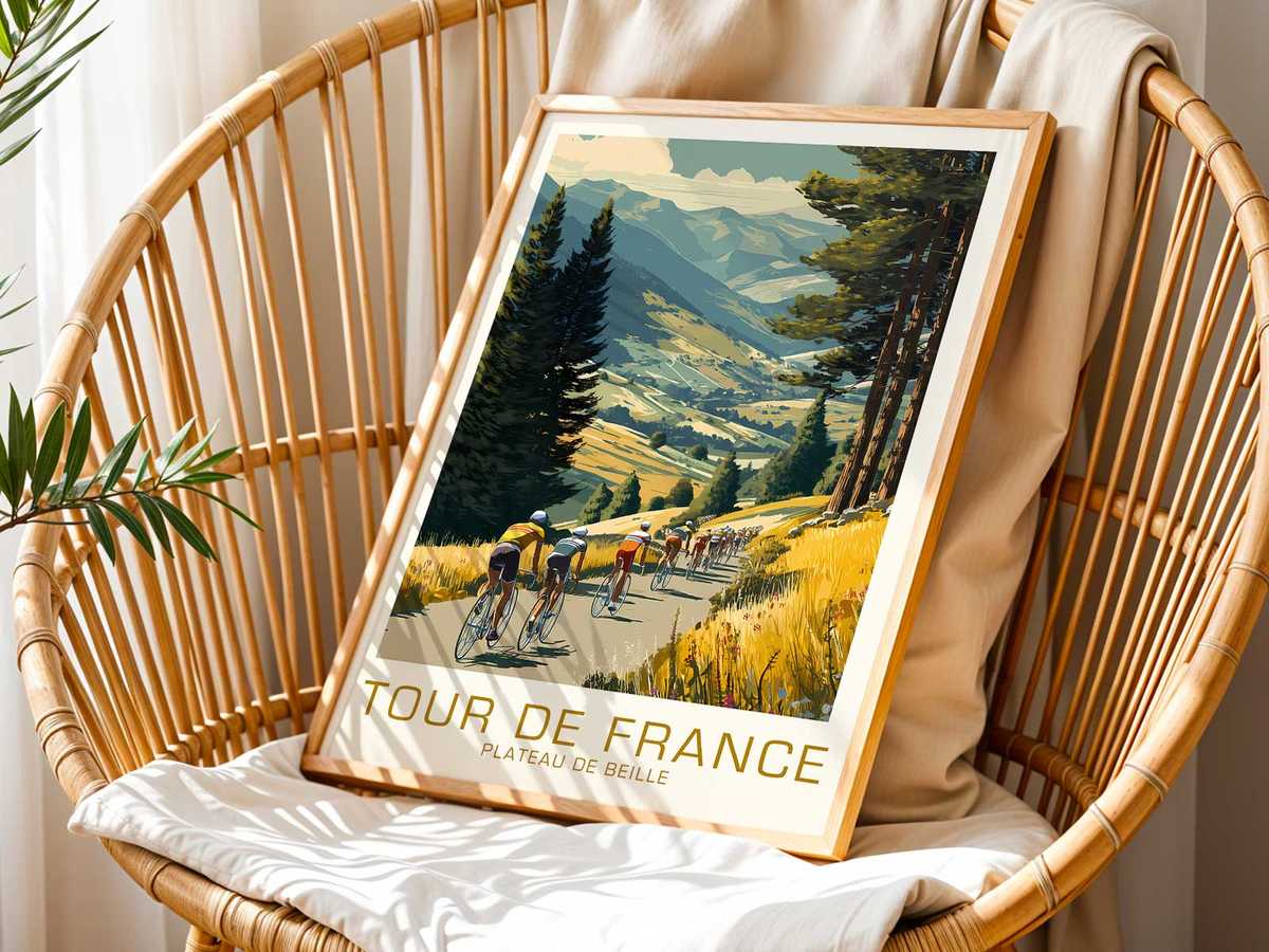 Poster rendering of Plateau de Beille at dusk with atmospheric lighting and misty valleys creating depth and an inviting mood