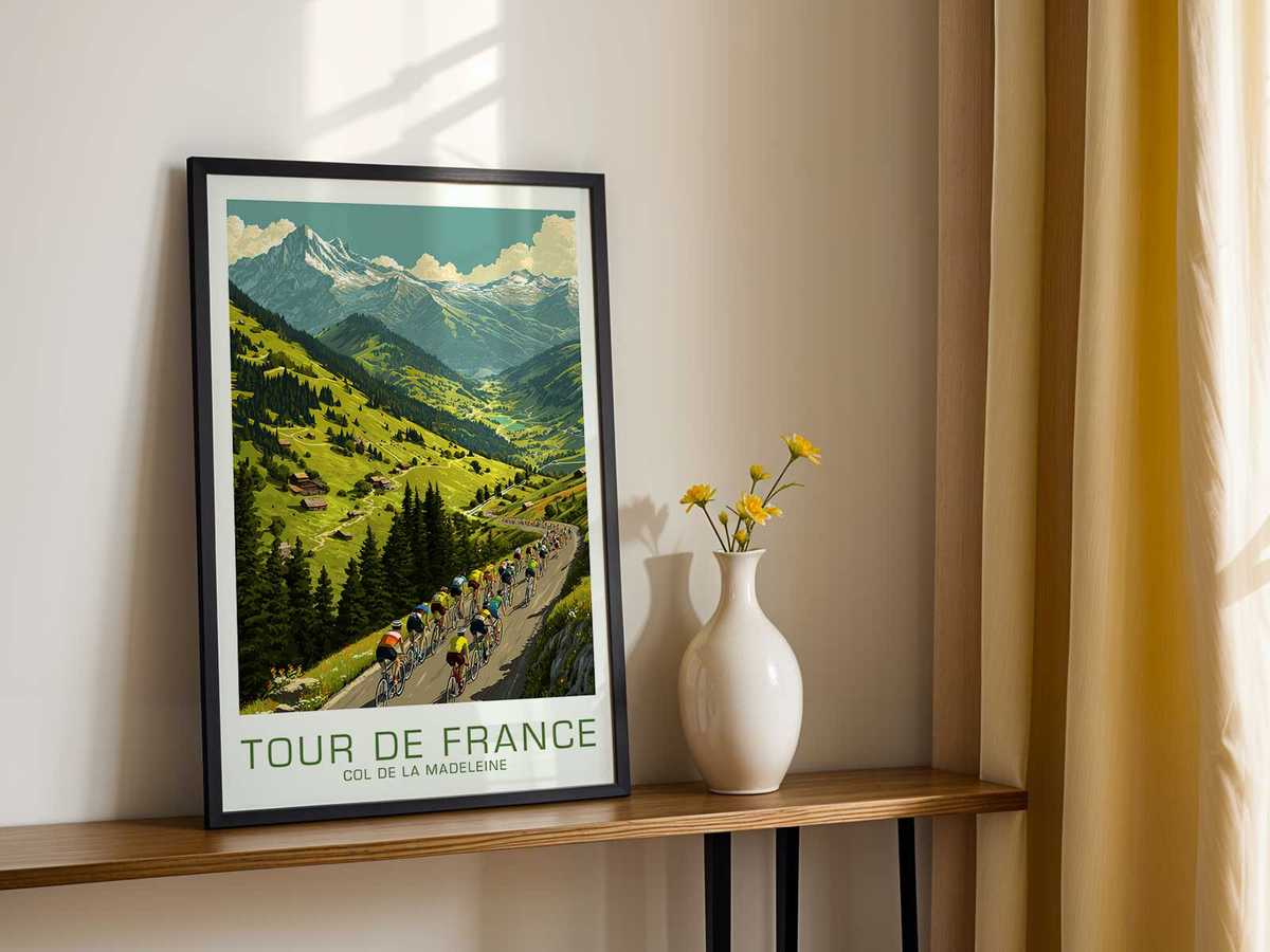 Poster composition that foregrounds the rider's bent posture and deliberate pace with no finish line visible, prioritizing…