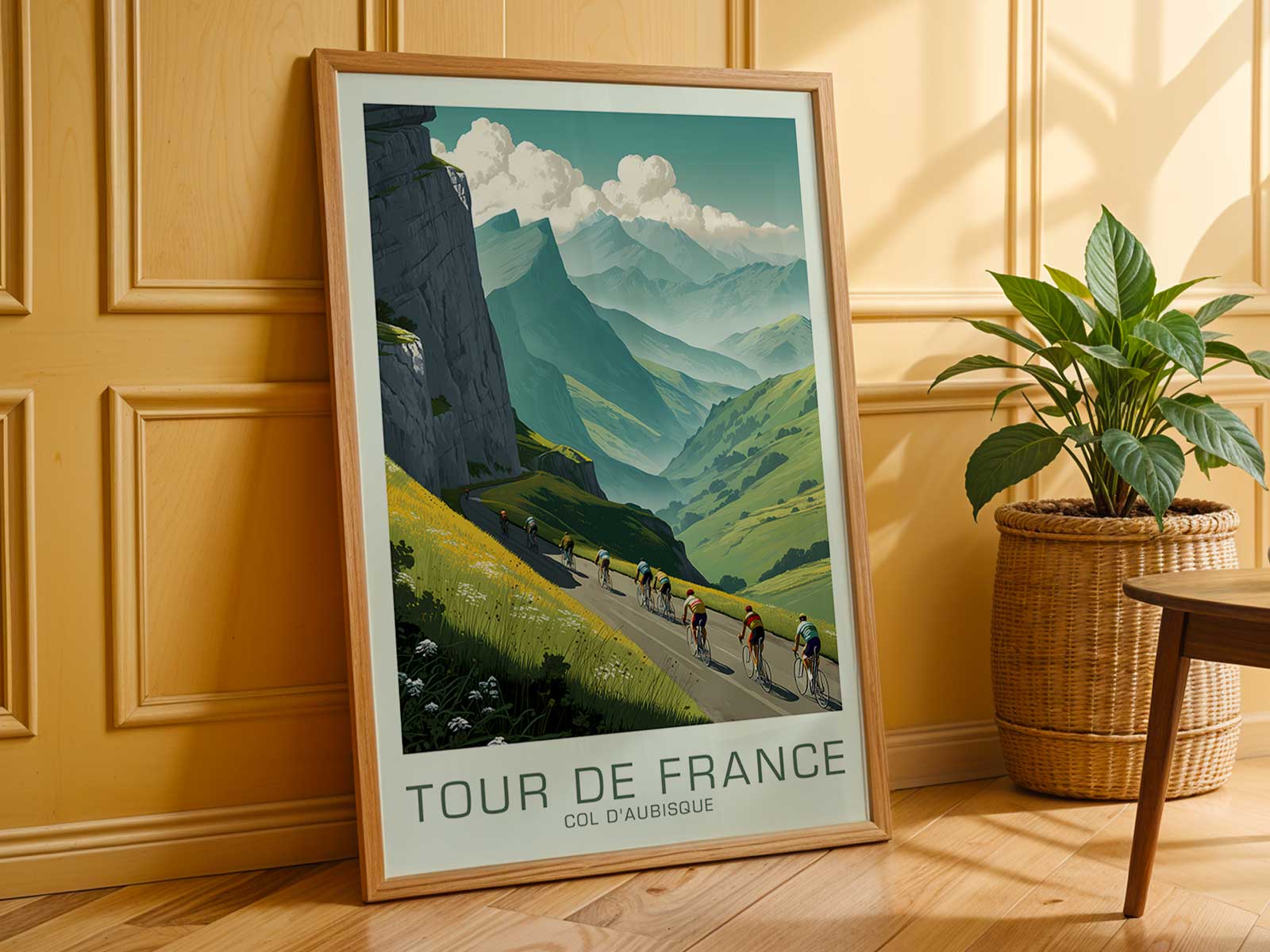 Retro poster view of the Col d’Aubisque summit silhouette against a pale sky, emphasizing height and isolation