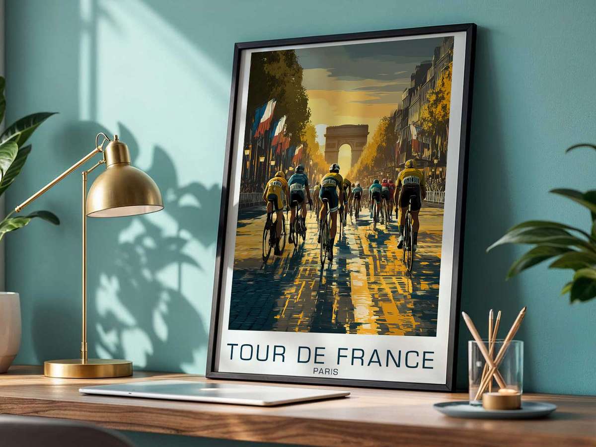 Poster emphasizing the Champs-Élysées grandeur with trees and architecture framing the sprint finish, creating a majestic…