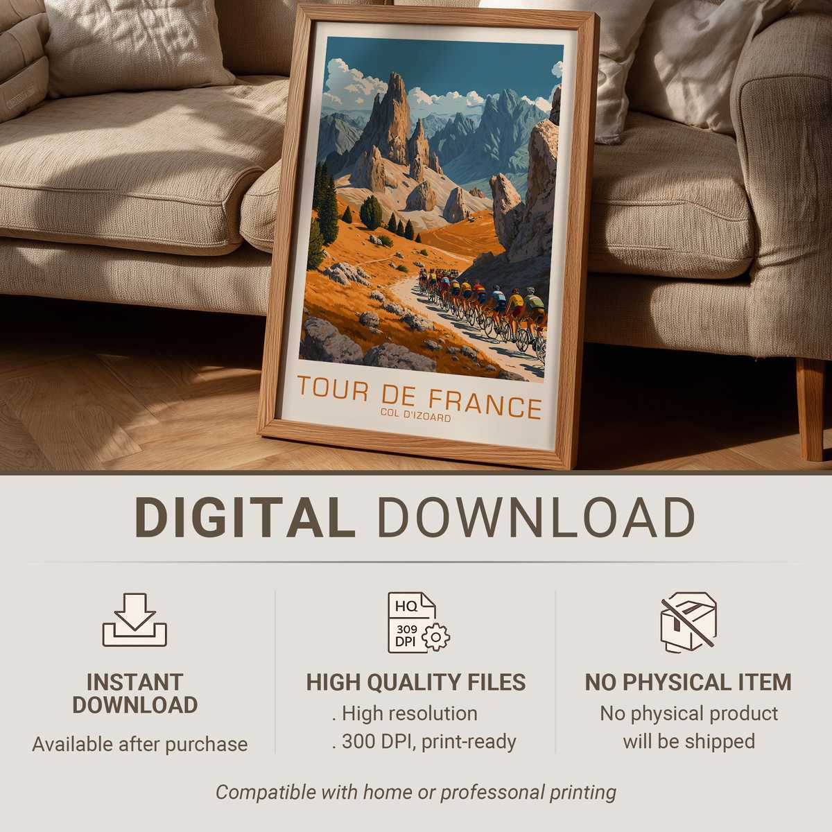 Wide-format vintage poster of Col d'Izoard showing winding mountain road, rocky outcrops and a distant peloton