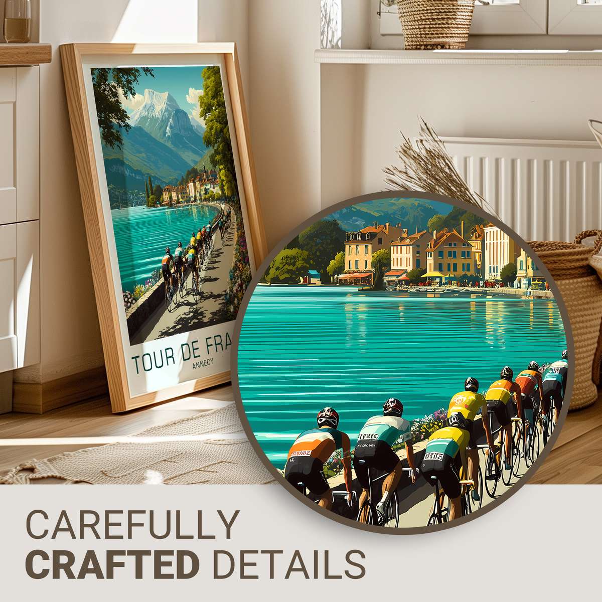 Vintage Annecy poster showing a classic racing bicycle silhouette overlaid on a stylized map of Annecy and mountains
