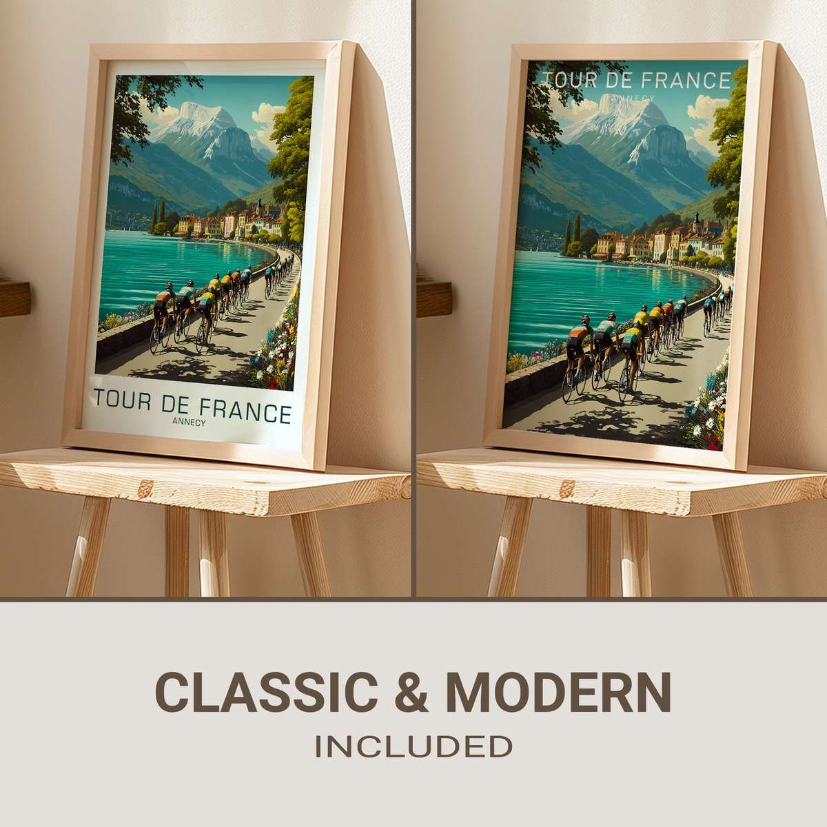 Vintage Annecy poster showing a classic racing bicycle silhouette overlaid on a stylized map of Annecy and mountains