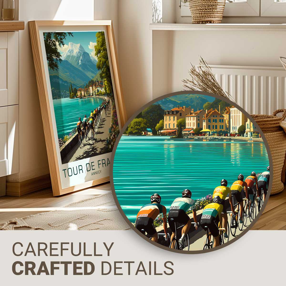 Vintage Annecy poster showing a classic racing bicycle silhouette overlaid on a stylized map of Annecy and mountains