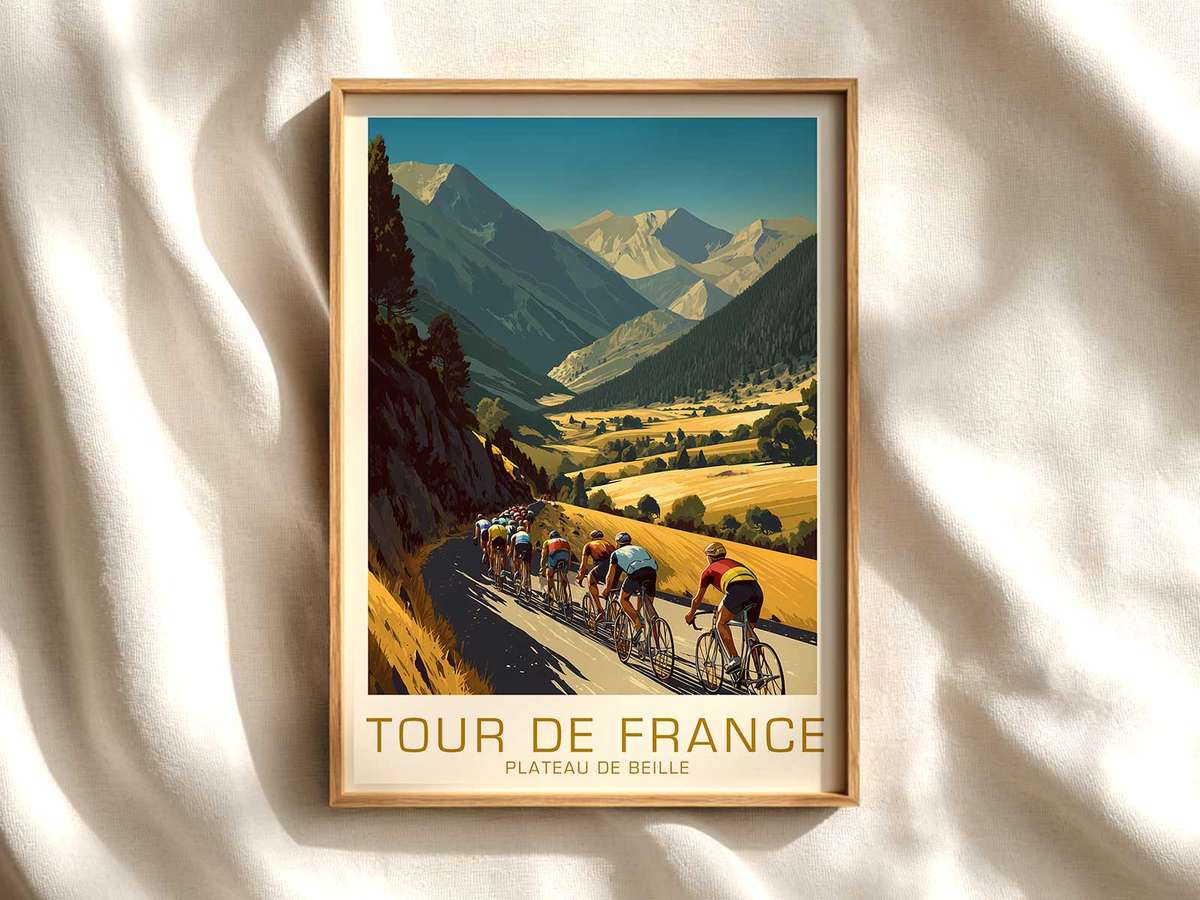Cyclist silhouette powering up a steep approach to the Plateau de Beille at golden hour, framed by rugged alpine ridges