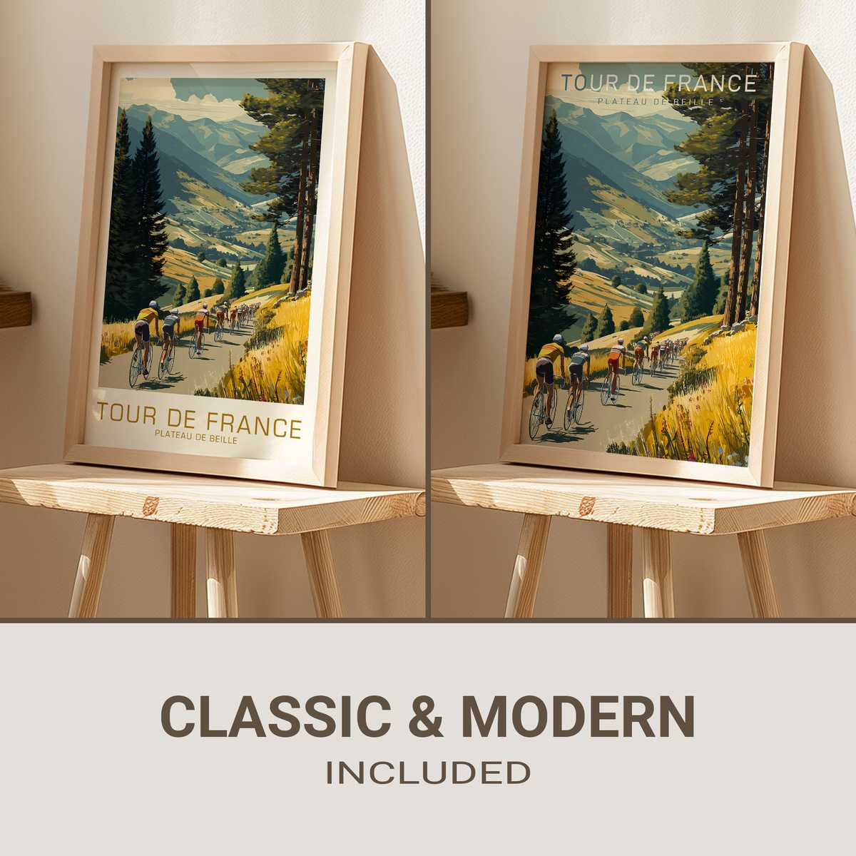 Vintage Plateau de Beille Tour de France poster showing the mountain slope, rocky outcrops and a small peloton climbing…