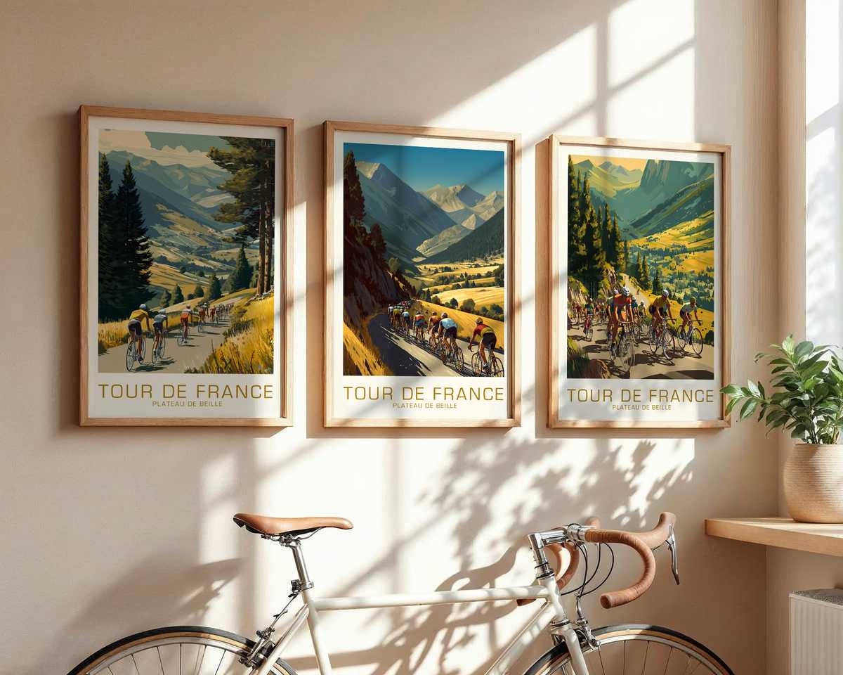 Vintage Plateau de Beille Tour de France poster showing the mountain slope, rocky outcrops and a small peloton climbing…