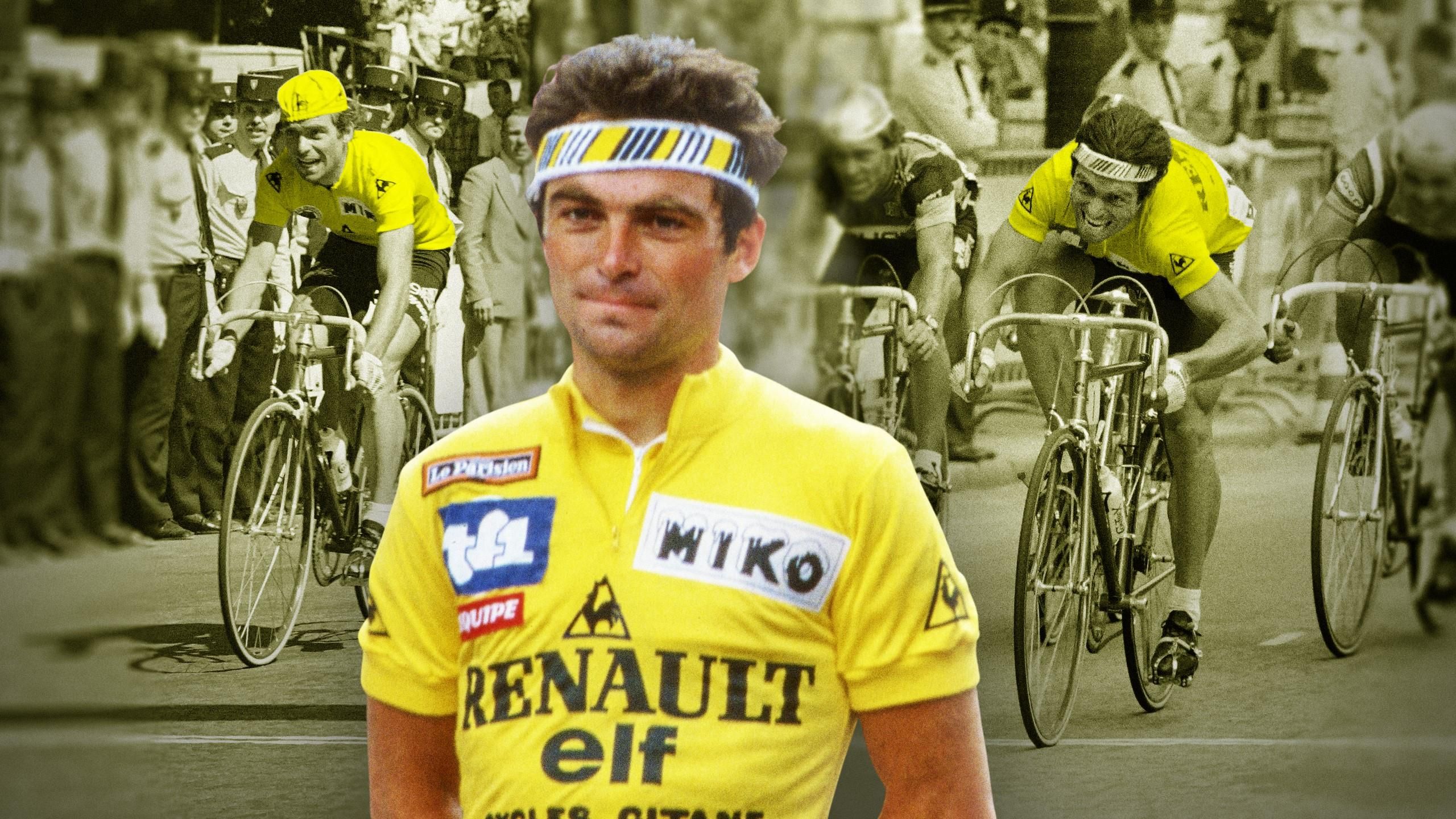 Bernard Hinault in a vintage racing portrait wearing his team kit and cap, looking determined