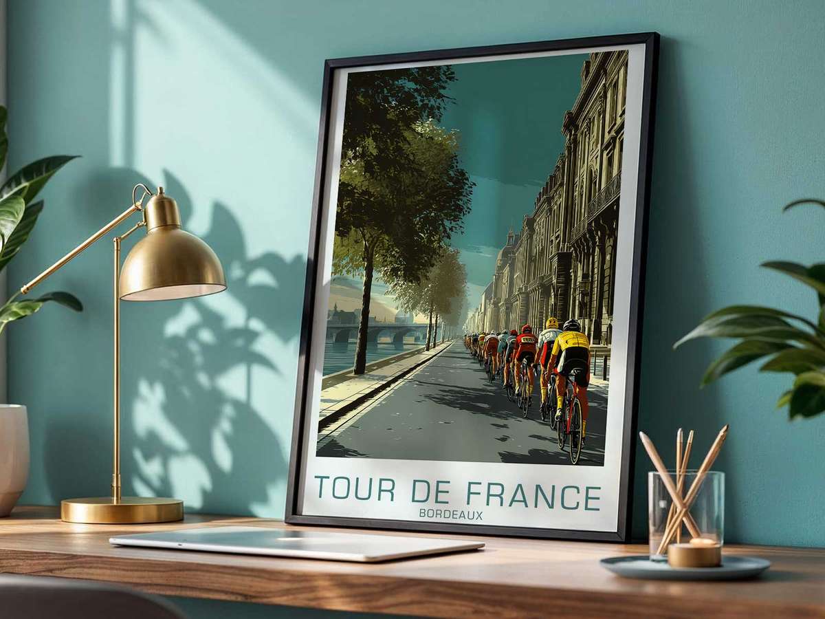 Bicycle wall art showcasing race tactics expressed through dynamic composition inspired by how a bordeaux-vintage evokes tour de france memory and a scenic visual character