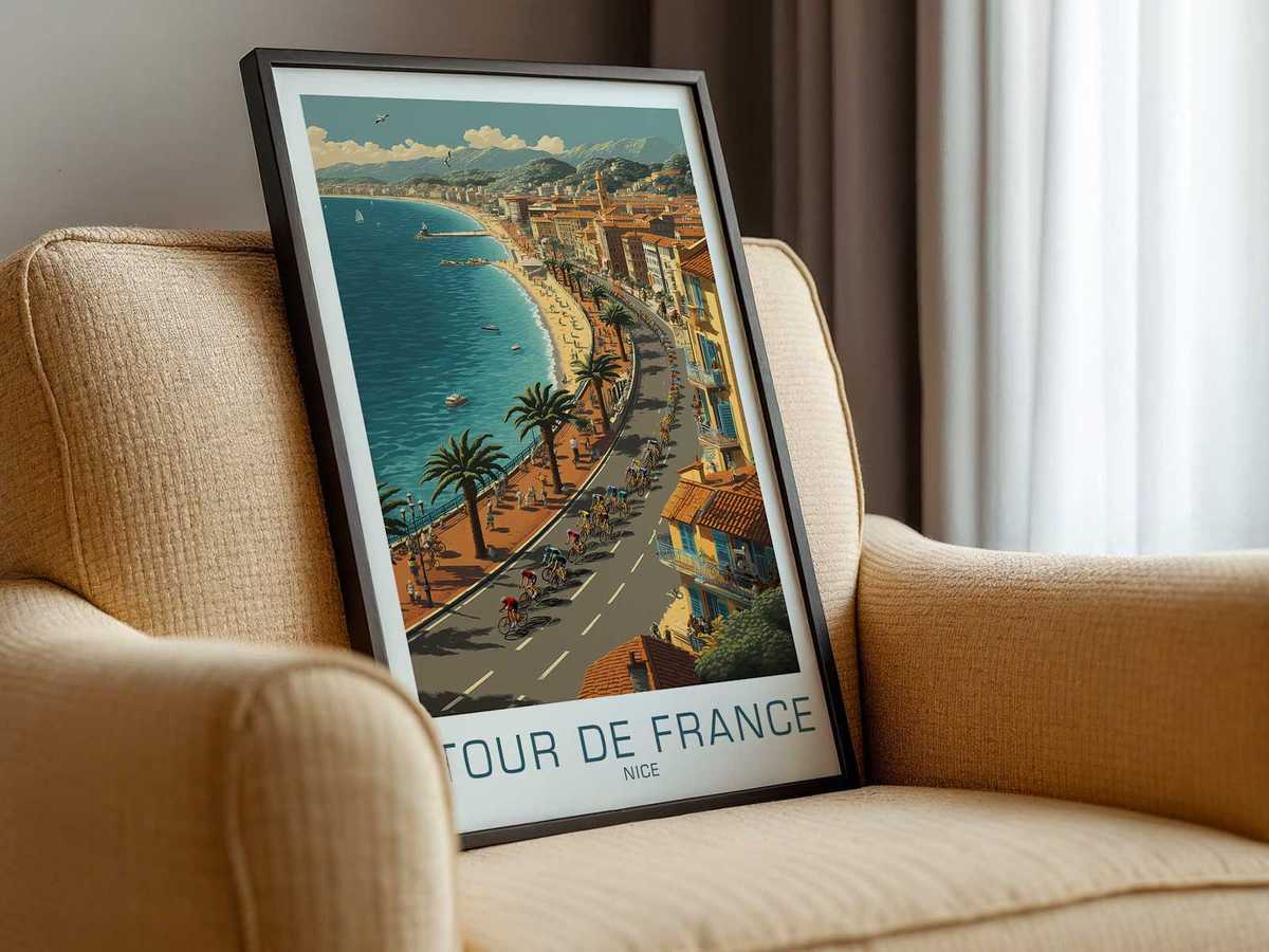 Art print where overlapping bike wheels frame a stylized Nice coastline and urban silhouette