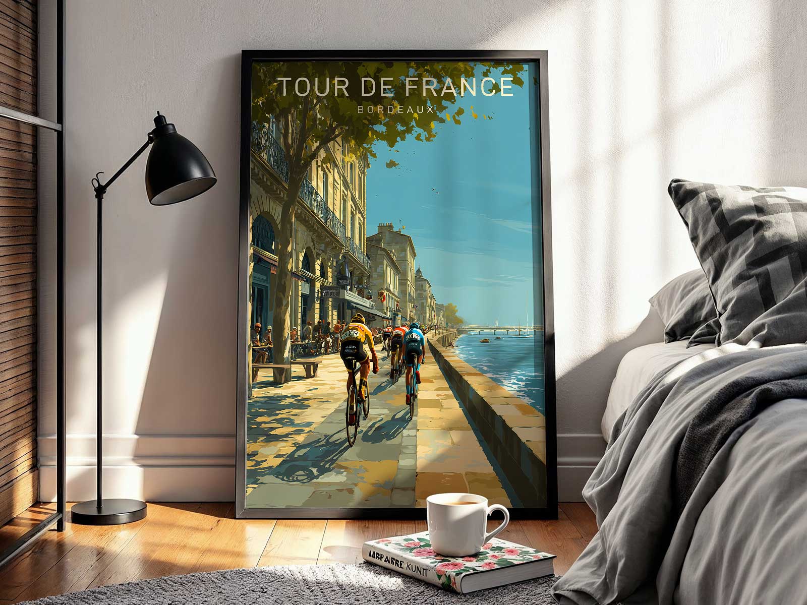 Group of cyclists depicted in motion on the poster with stylized silhouettes and faded inks