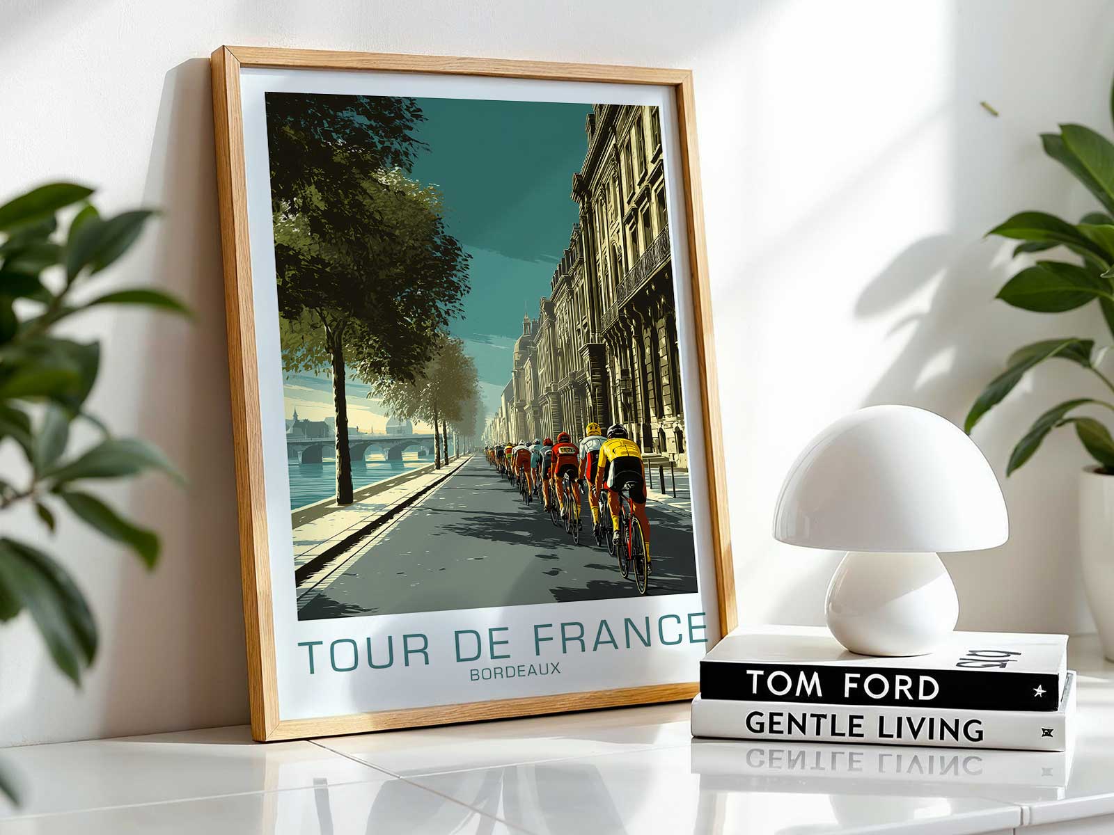 Framed Bordeaux vintage Tour poster hanging in a modern interior showing decorative use