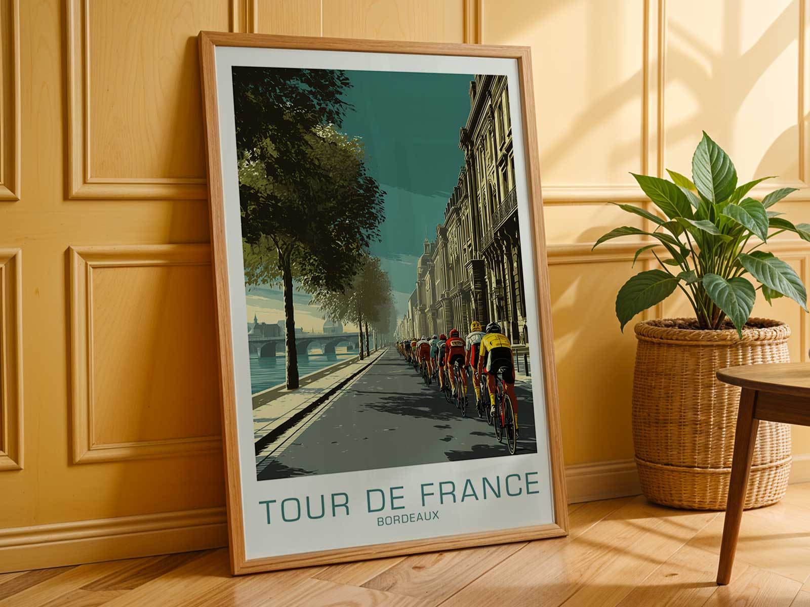 Full vintage poster showing cyclists passing Bordeaux landmarks with aged paper texture