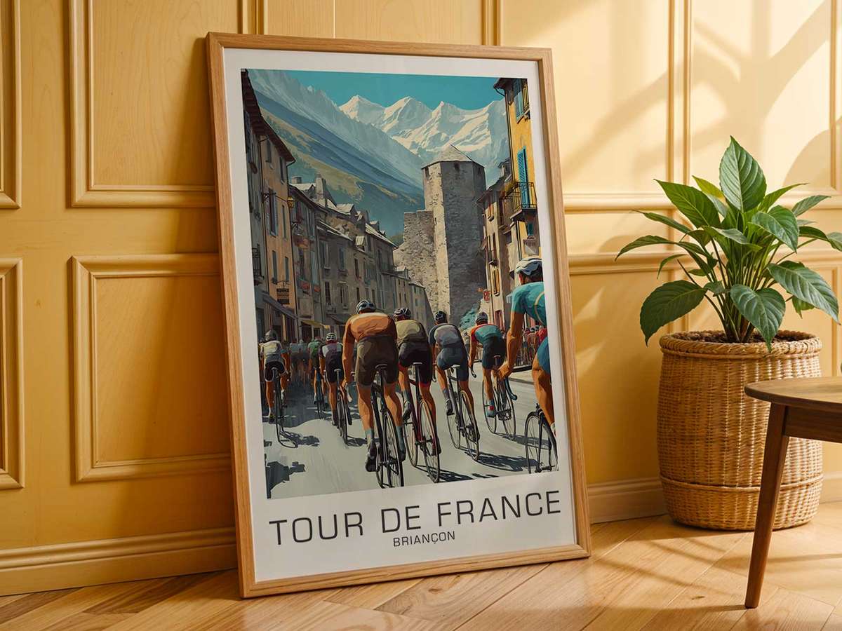Vintage illustration of Briançon Heritage presented through peloton energy with sweeping landscape lines inspired by why a vintage tour image becomes more than bike…