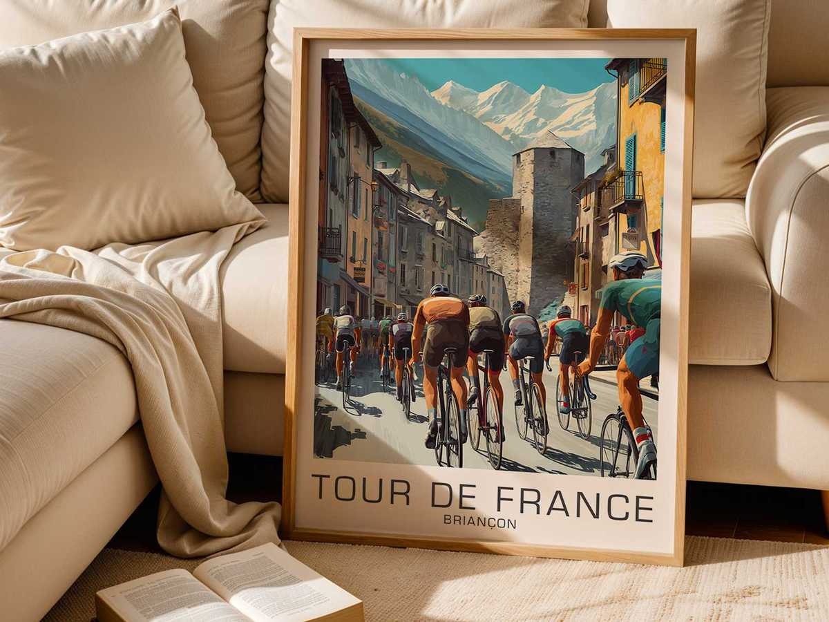 Silhouetted riders cresting a mountain pass near Briançon with vintage color grading