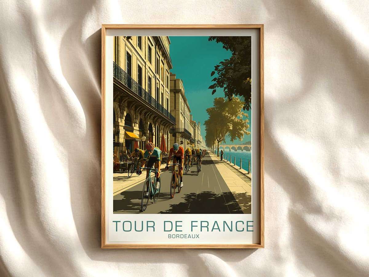Peloton riding along the Garonne riverbank in Bordeaux with reflections on wet pavement and historic stone quays