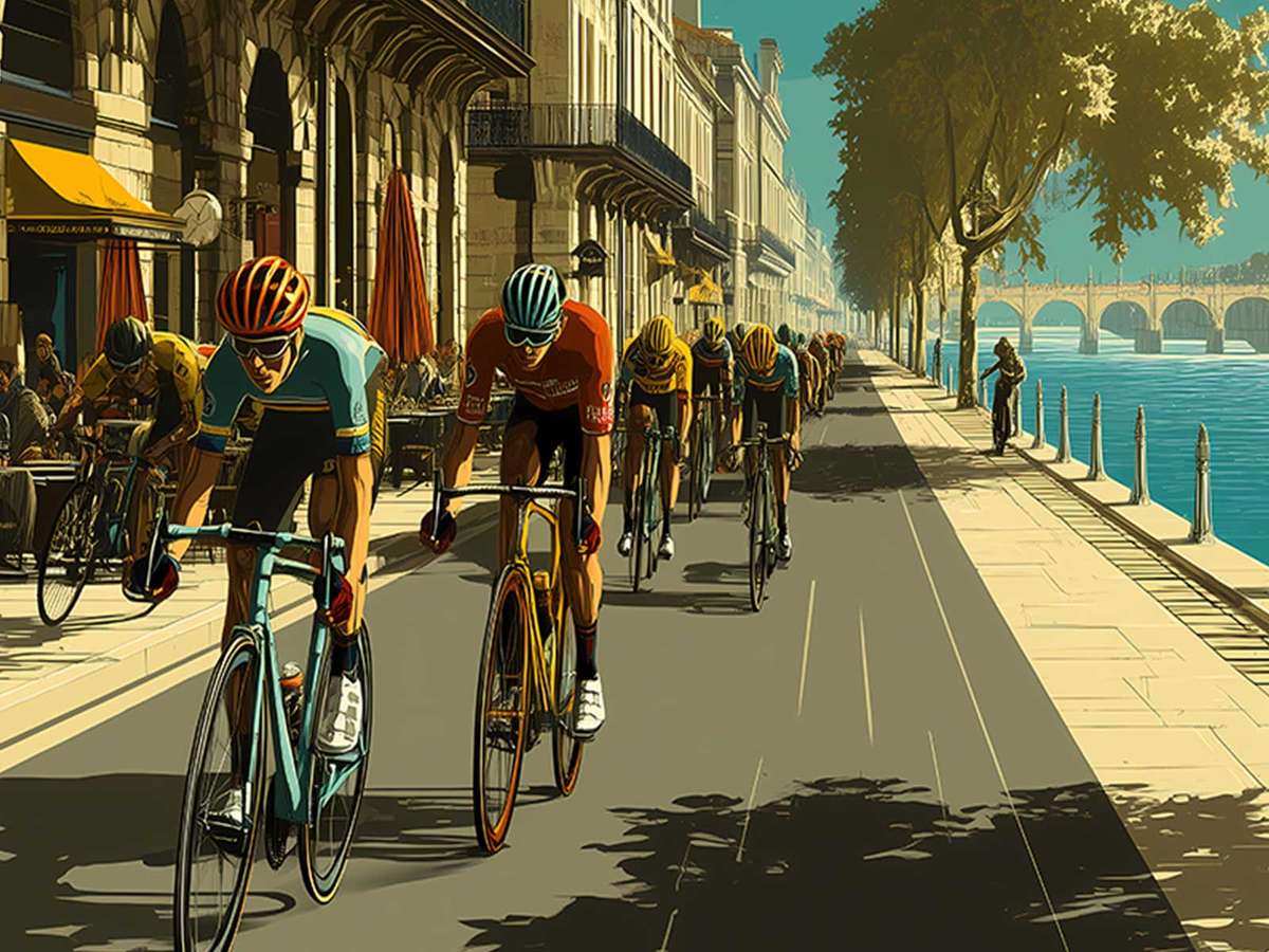 Solo rider sprinting past a stone bridge and arcaded facades, the bridge framing the route and creating a dramatic urban…