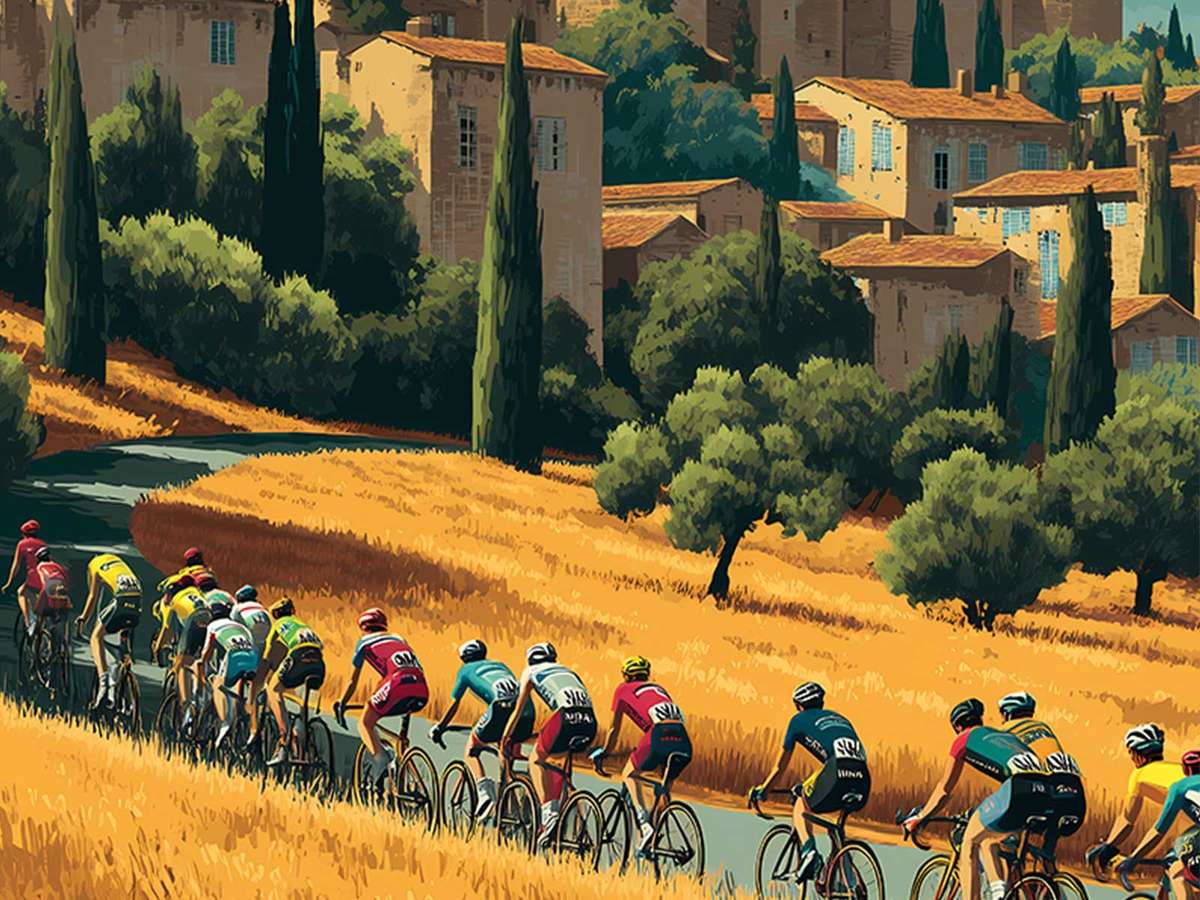 Winding road cutting through vineyards and gentle hills outside Carcassonne with a lone rider in the distance