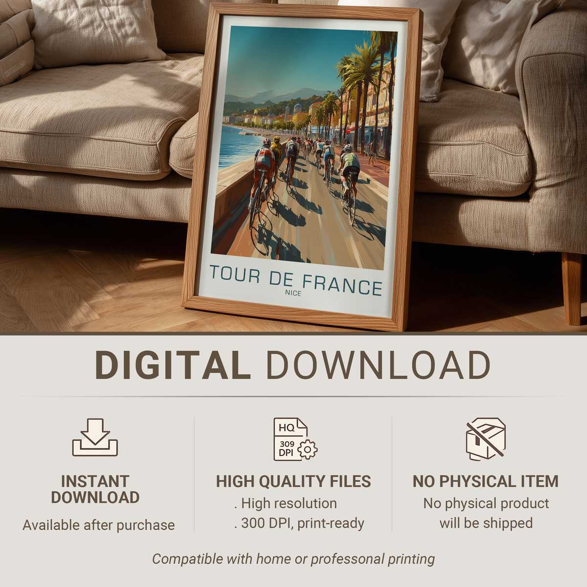 Vintage Tour de France poster showing Nice coastline with riders and sunlit promenade in muted archival tones