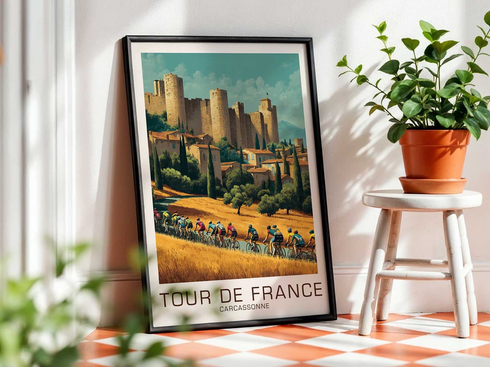 Vintage-style poster showing Carcassonne skyline silhouette with muted ochre and slate tones and a cycling figure in…