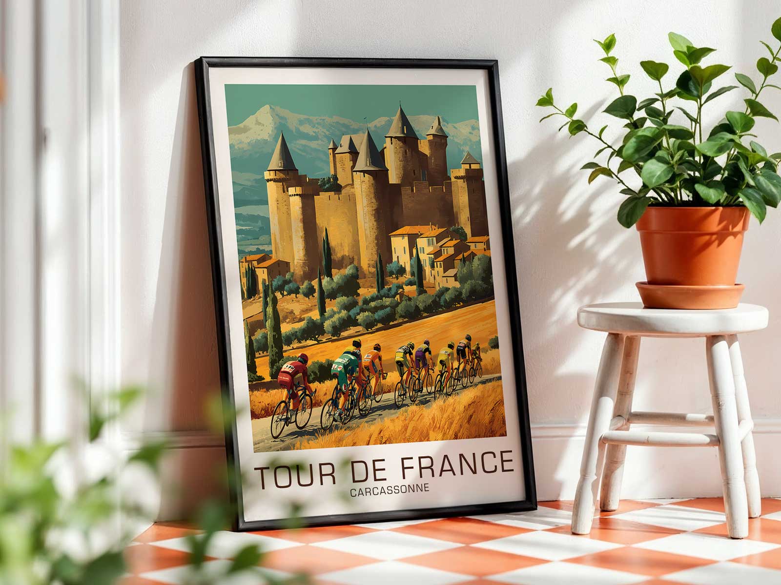 Full vintage Tour de France poster showing Carcassonne skyline with cyclists in the foreground and aged paper texture