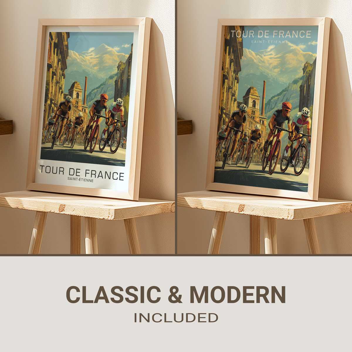 Vintage Tour de France poster featuring Saint-Étienne cityscape and cyclists in retro illustration style