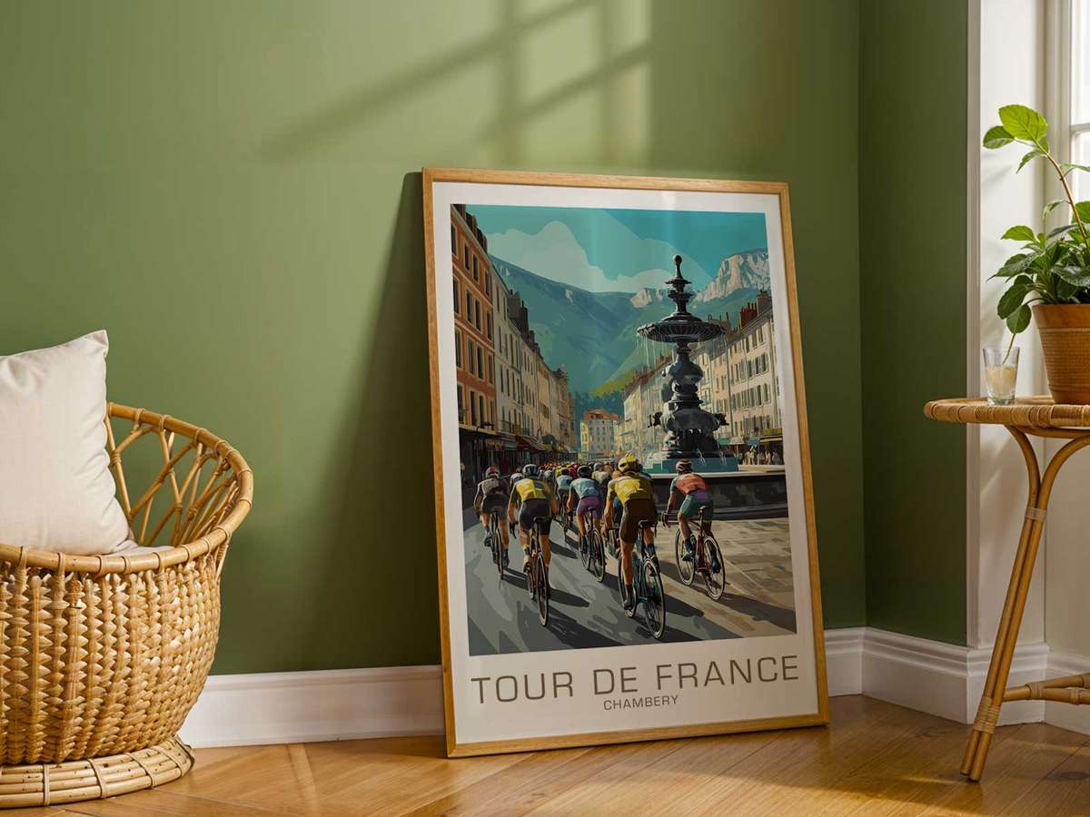 Chambéry and the Memory of the Tour wall art showcasing speed, elevation and long-distance character inspired by vintage interpretation for… and a bold visual character
