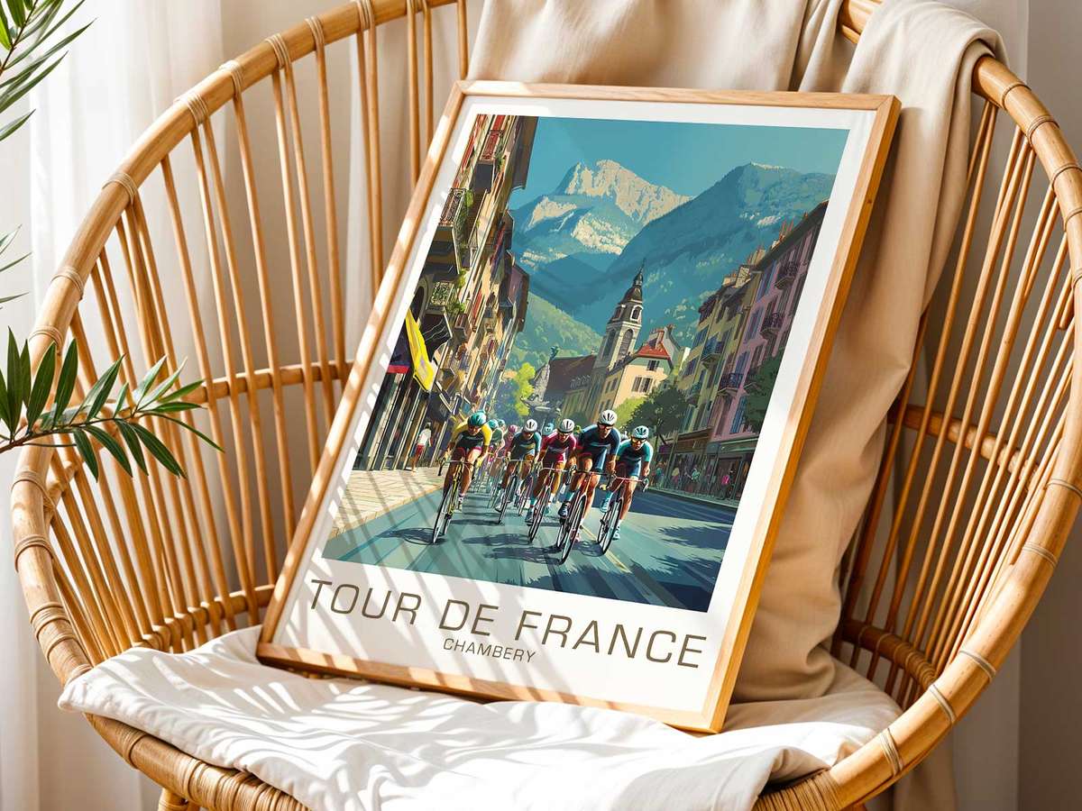 Chambéry as Stage decorative print featuring climbing effort and open-road atmosphere for cycling enthusiasts