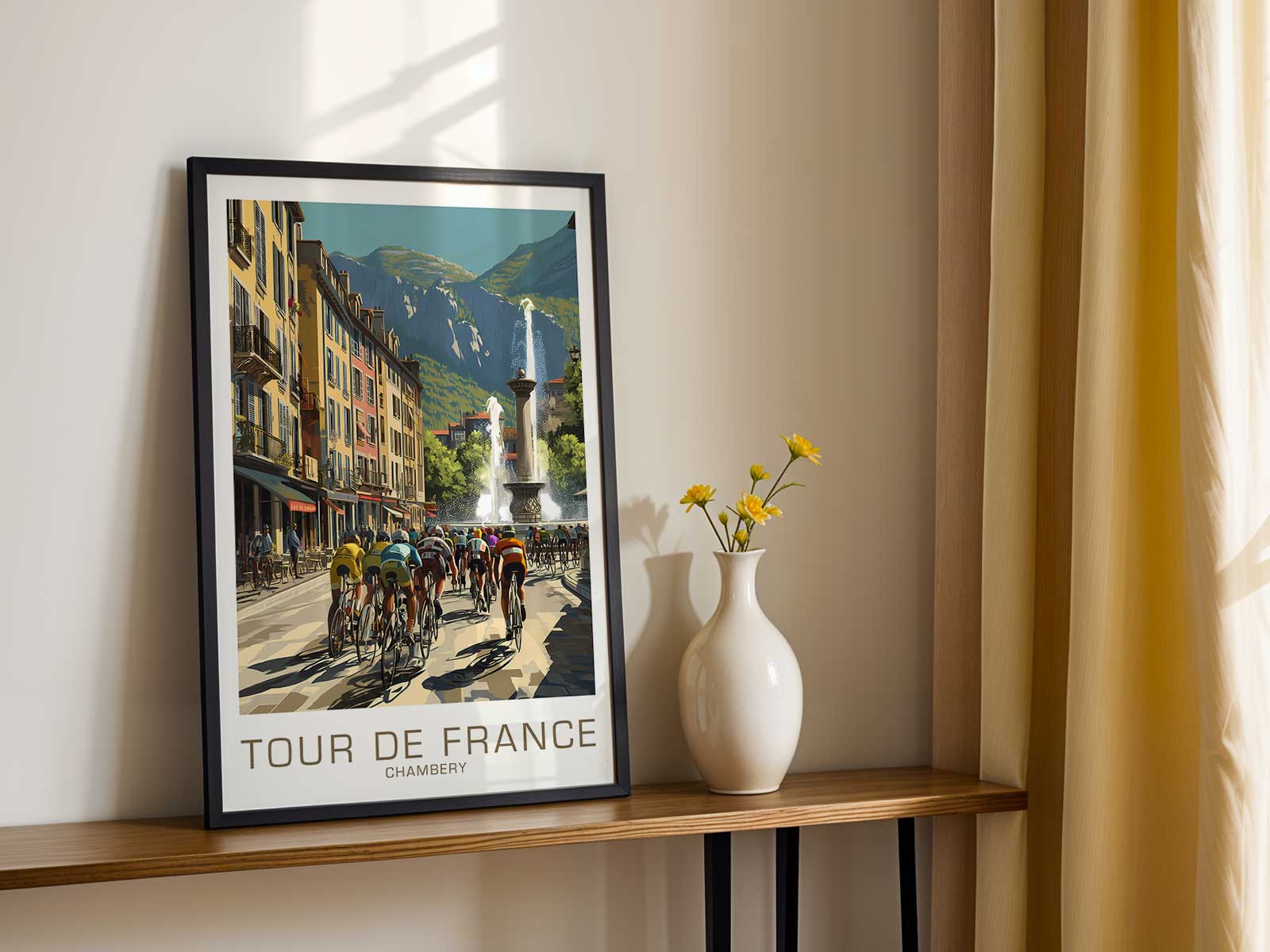 Framed vintage Tour de France poster featuring Chambéry skyline and cyclists in retro graphic style