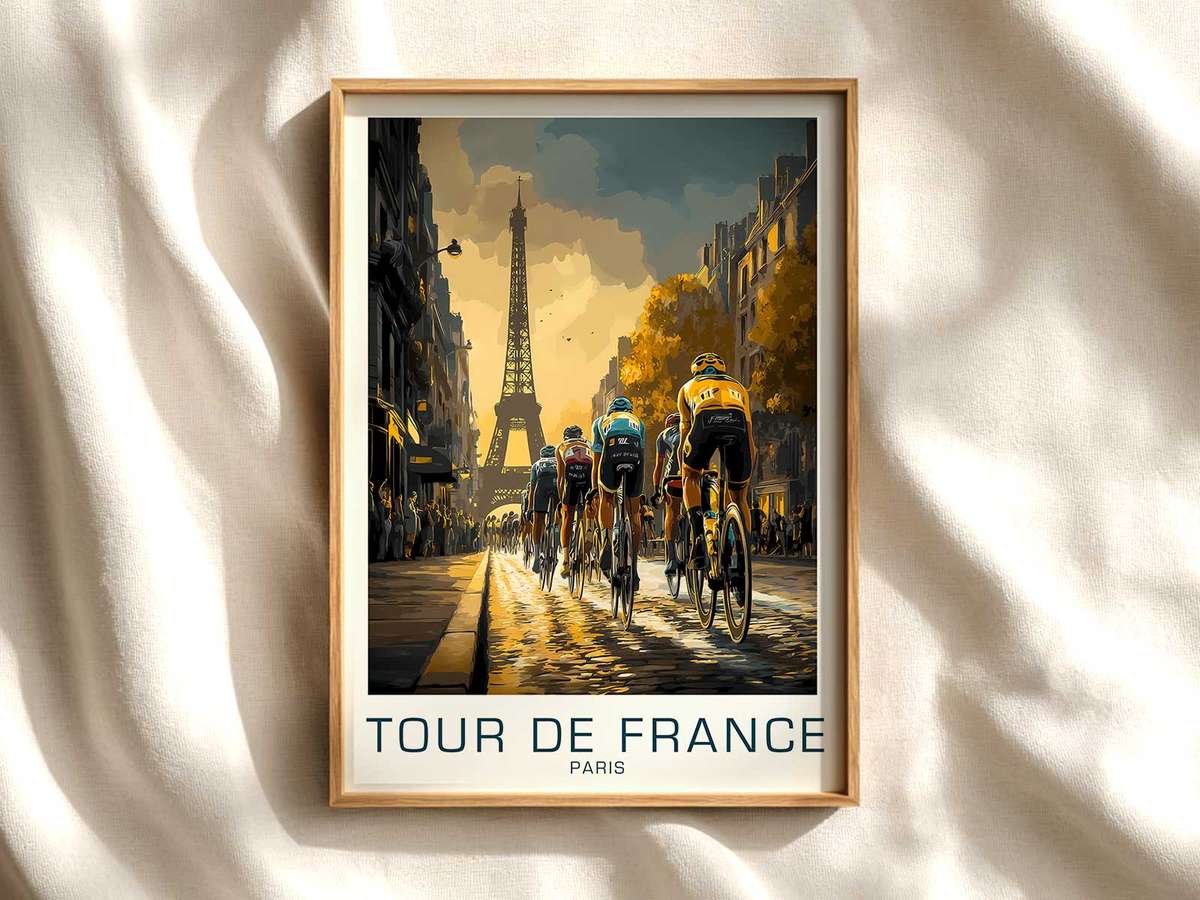 Wide-angle poster view of the Champs-Élysées approach with finishing boulevard and stylized crowd silhouettes