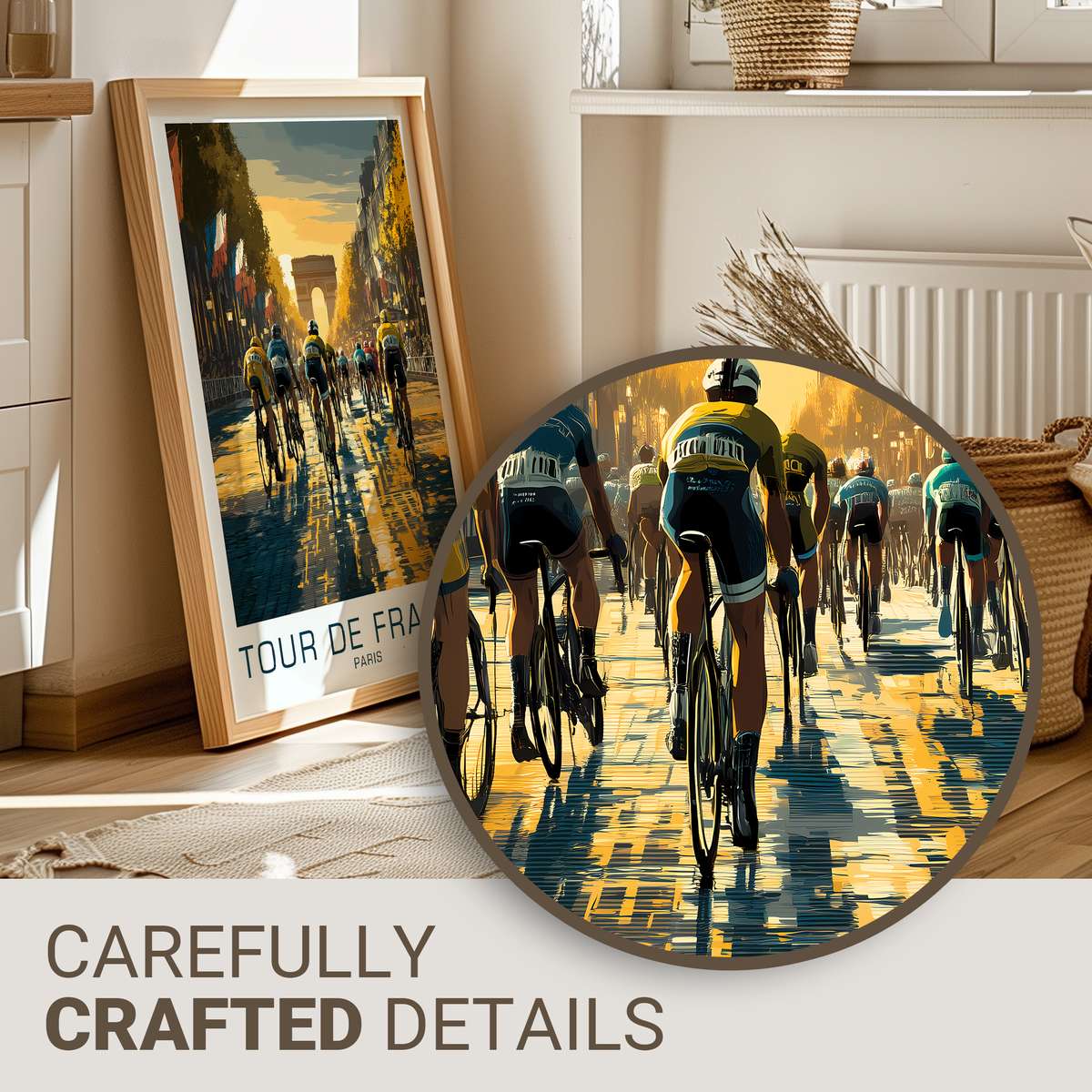 Retro-style poster showing a wide view of the Champs-Élysées avenue as sprinters surge toward the finish, with crowd-lined…