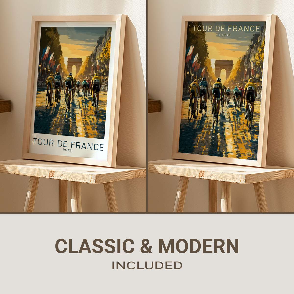 Retro-style poster showing a wide view of the Champs-Élysées avenue as sprinters surge toward the finish, with crowd-lined…