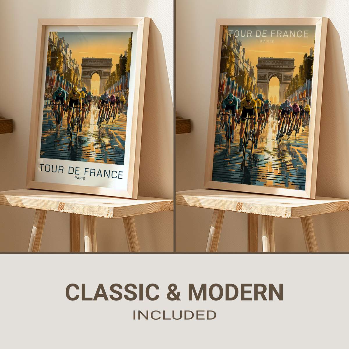 Wide cinematic view of the Champs-Élysées on race day with flags, lined architecture, and crowds framing the boulevard