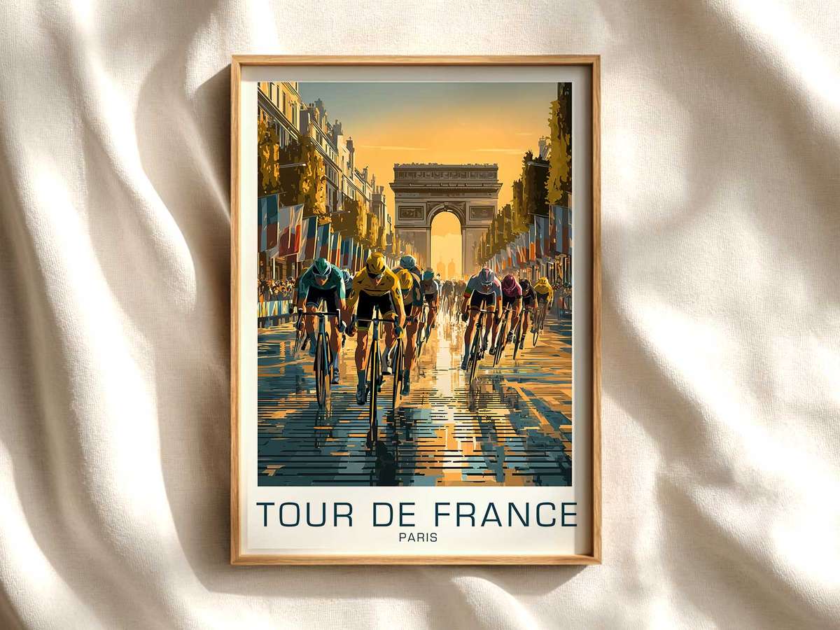 Wide cinematic view of the Champs-Élysées on race day with flags, lined architecture, and crowds framing the boulevard