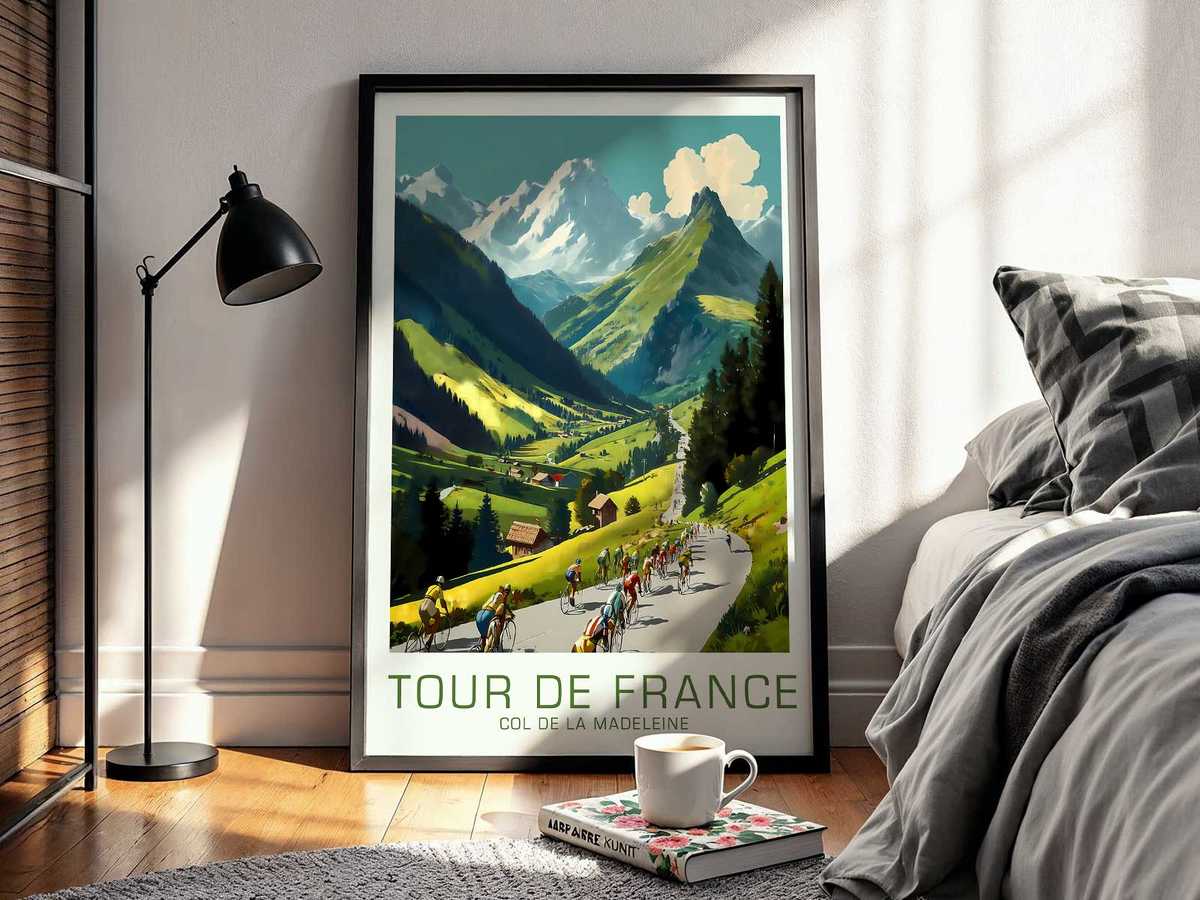 Wide-angle view of a stretched peloton winding up Col de la Madeleine under dramatic light