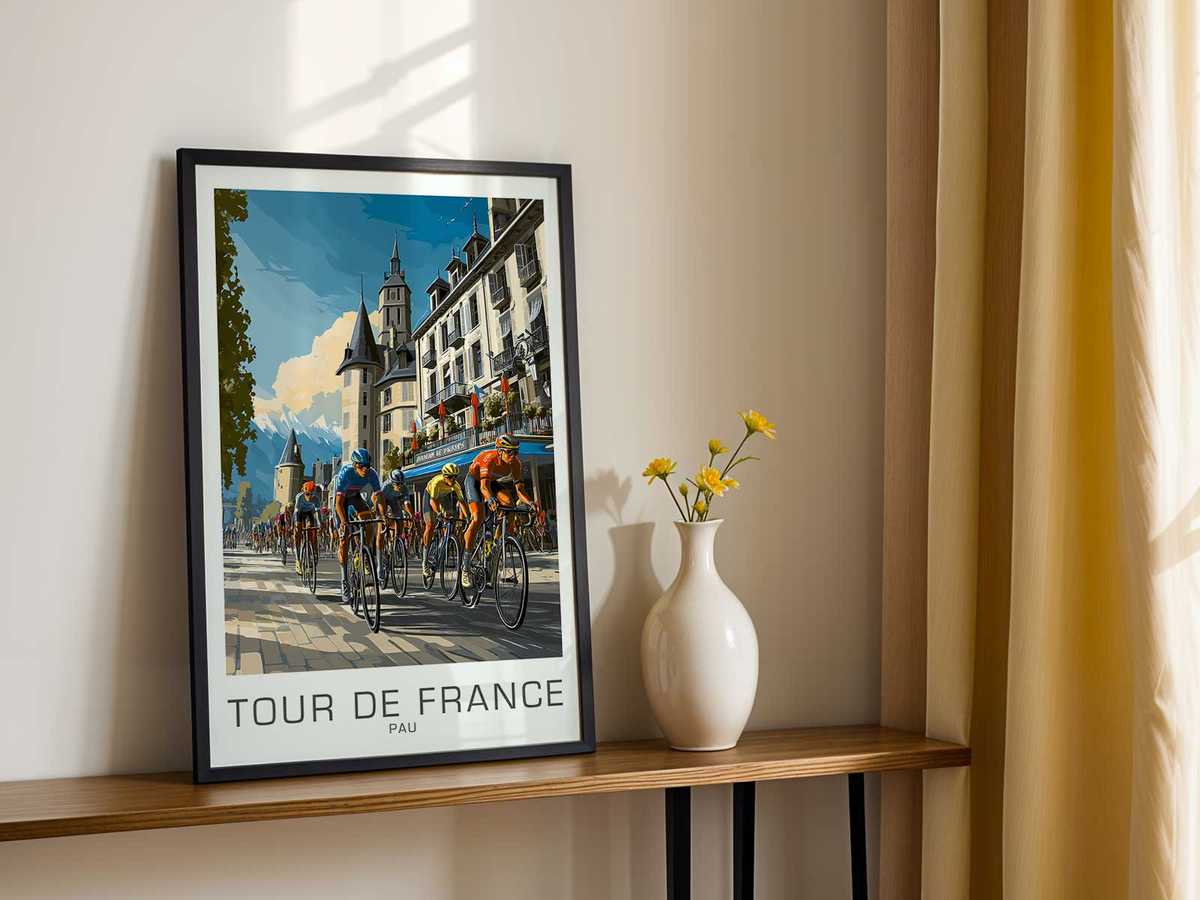 Sunlit city square in Pau transformed into an imagined stage finish with banners, spectators and a rider crossing the line
