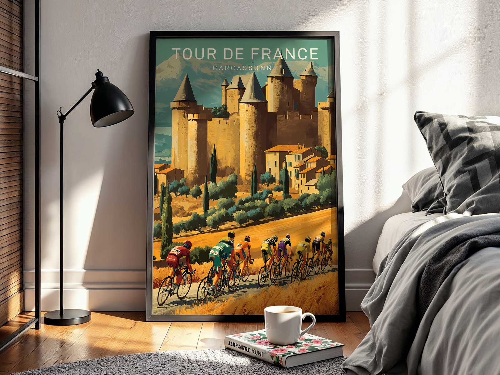 Close-up detail of the poster showing Carcassonne's fortified city walls rendered in retro lithograph style