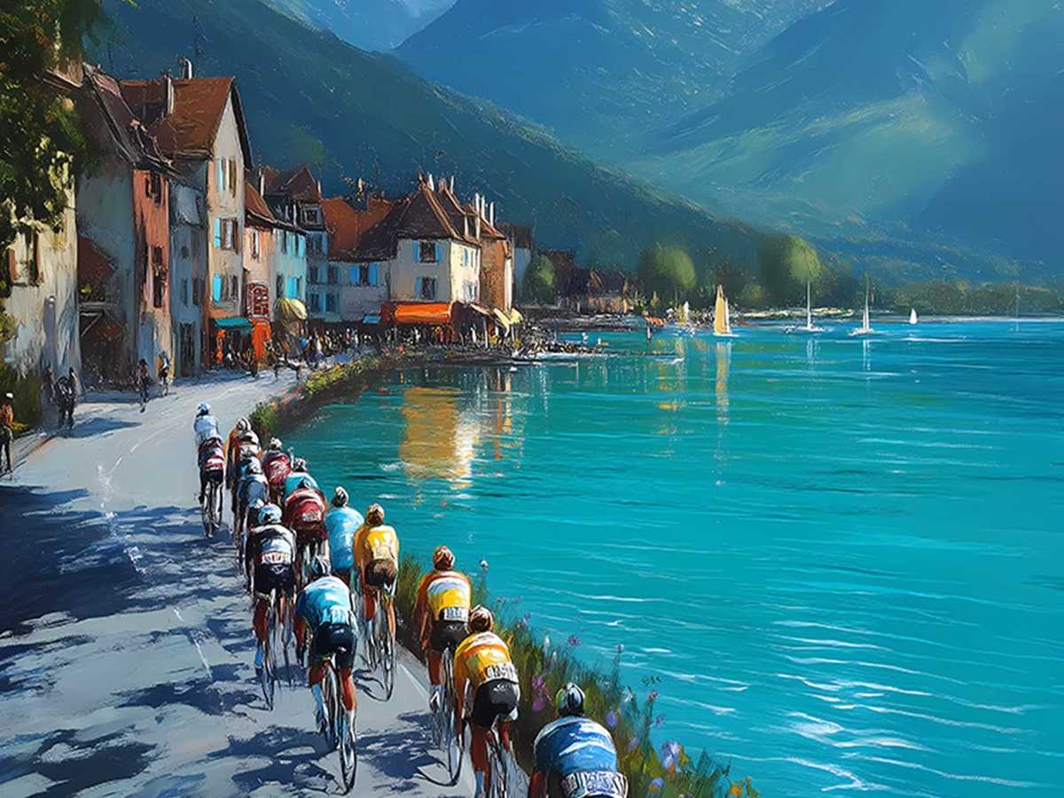Narrow cobbled street of Annecy's old town with a rider sprinting past colorful facades and shadowed archways