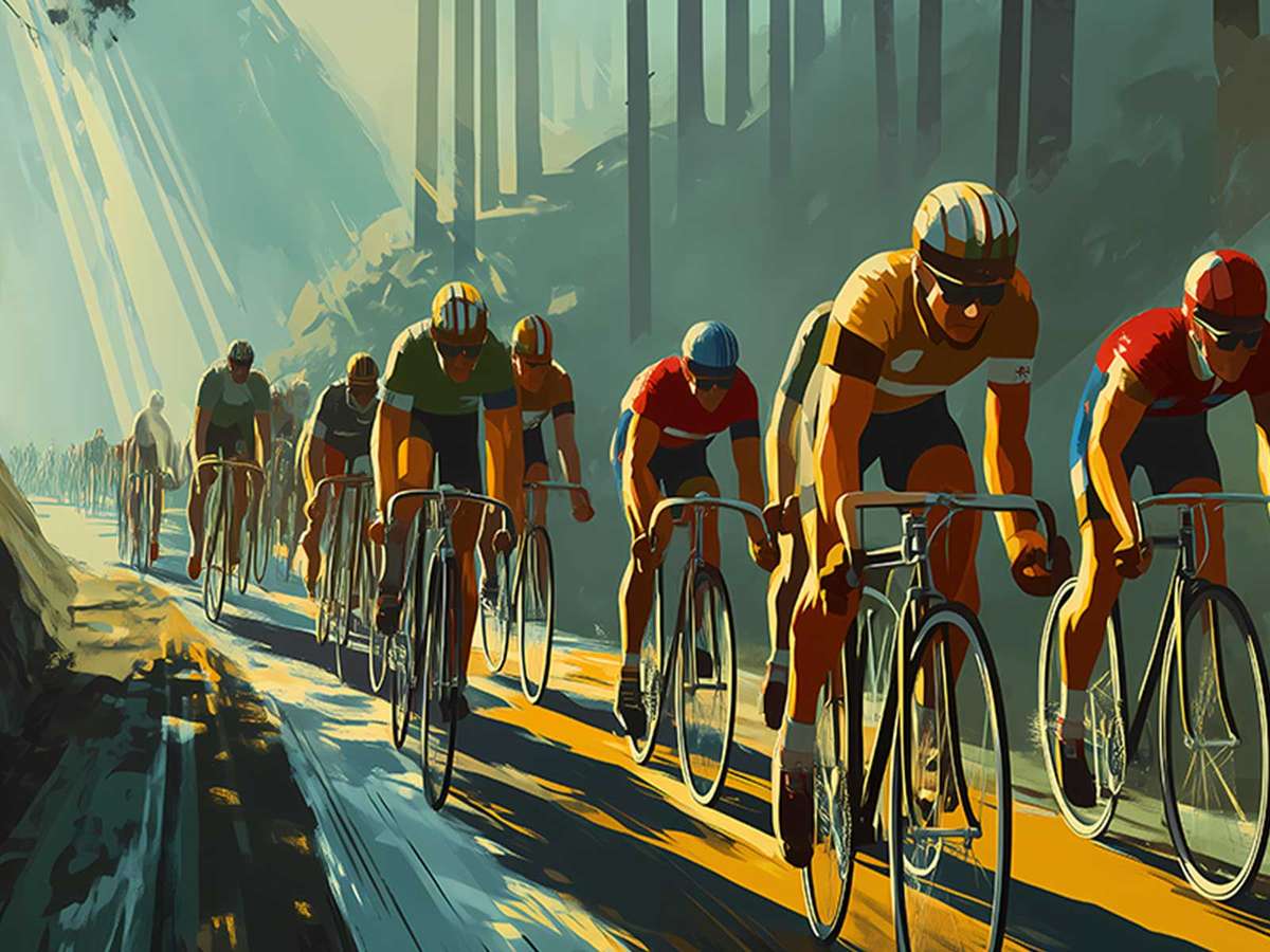 Close-up view of two rivals shoulder-to-shoulder, faces strained, conveying proximity and uncertainty on the climb