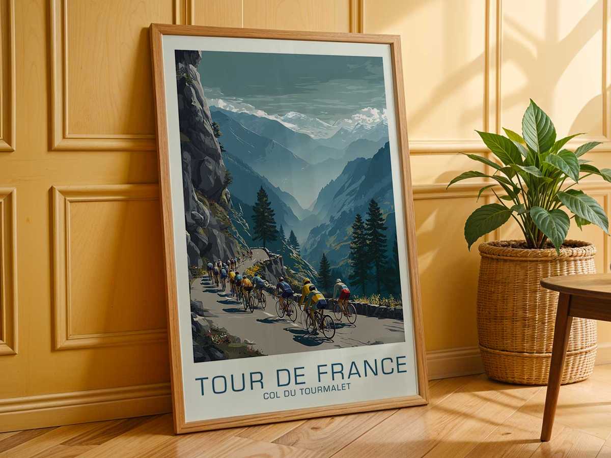 Close-up poster detail of a cyclist's strained posture and pedals against a blurred mountain backdrop on the Col du Tourmalet