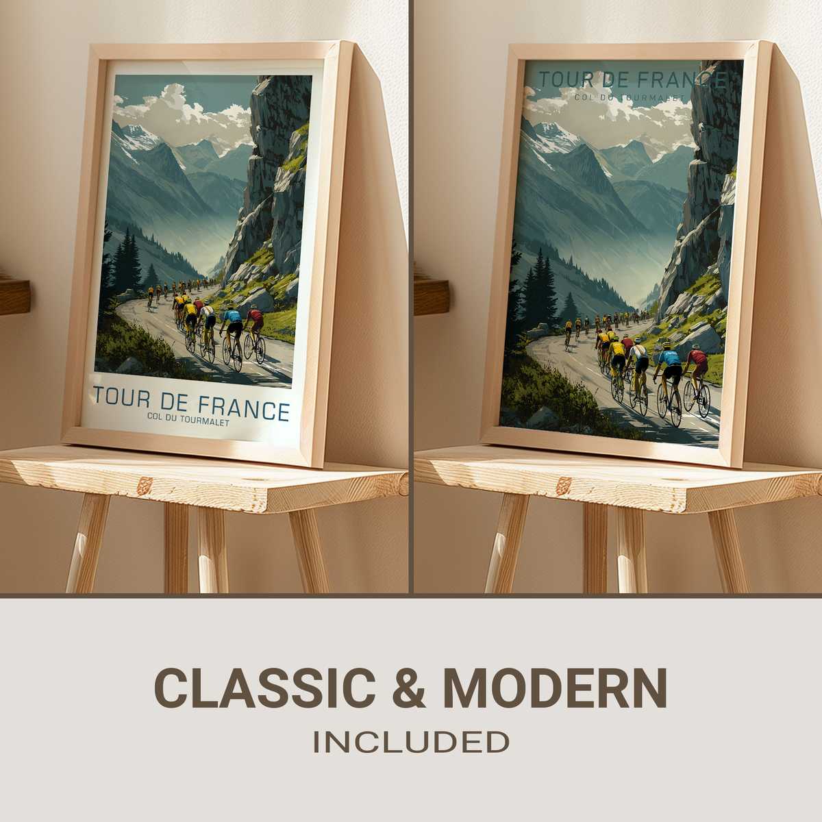 Close-up of a cyclist on the Tourmalet poster showing focused facial expression and sweat, conveying concentration and…